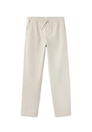 Pantalon décontracté beige clair avec taille élastique et cordon, avec poches latérales et coupe droite.