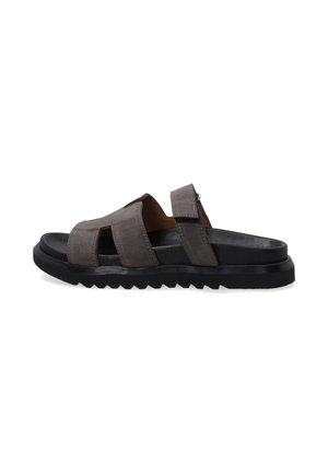 Gray leather slide sandals with two upper straps, black rubber sole, and a textured design. Features hook-and-loop closure for adjustability.