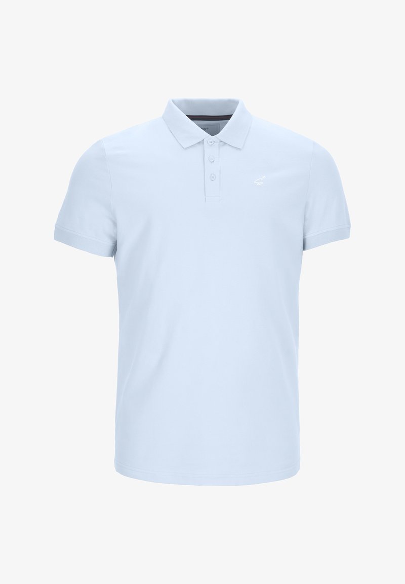 Hellblaues Poloshirt aus Baumwolle mit spitzem Kragen, Knopfleiste mit drei Knöpfen und kurzen Ärmeln. Dezenter Logodetail auf der Brust.