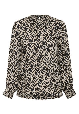 Long-sleeve blouse in beige and black with a zigzag pattern, gathered neckline, and gathered cuffs. Lightweight fabric, loose fit.