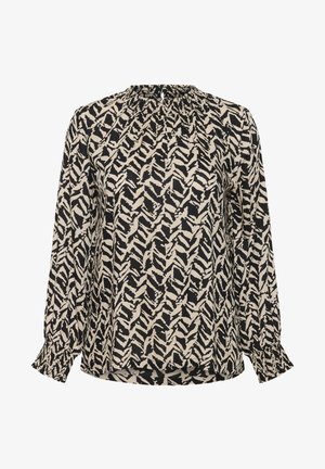 Pitkähihaisessa beige-mustassa puserossa on viisikkopatterni, rypytetty pääntie ja rypytetyt hihansuut. Kevyt kangas, löysä istuvuus.