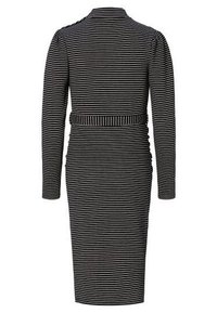 Robe midi à manches longues rayée horizontalement en noir et blanc, taille cintrée et col montant, vue de dos.