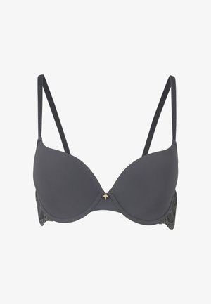 Soutien-gorge gris rembourré avec des panneaux latéraux en dentelle, des bretelles ajustables et un accent en métal doré au centre. Texture lisse et design avec armature.