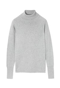 Maglione grigio a collo alto realizzato in morbido tessuto a maglia. Caratterizzato da un colletto a coste alto, maniche raglan e polsini a coste, per garantire comfort.