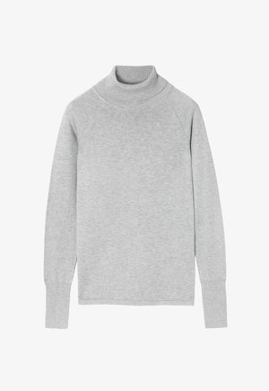 Siva turtleneck pulover izrađen od mekog pletiva. Ima visoki rebrasti ovratnik, raglan rukave i rebraste manžete, što osigurava udobnost.