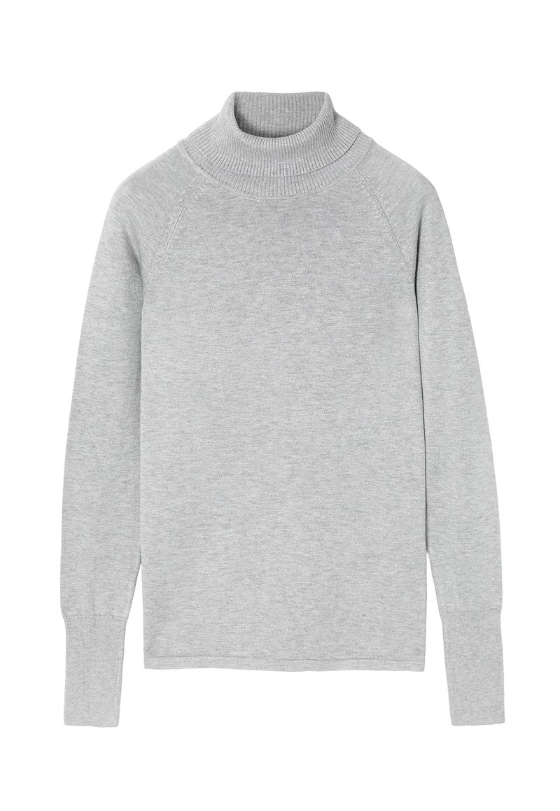 Szary sweter z golfem wykonany z miękkiej dzianiny. Posiada wysoki prążkowany kołnierz, rękawy raglanowe oraz prążkowane mankiety, zapewniając komfort.