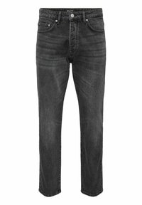 Jeans de mezclilla negra con un corte recto, que presentan bolsillos frontales, cierre de botón y un patrón de desgaste sutil en la tela.