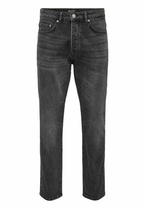 Zwarte denim jeans met een rechte pasvorm, voorzien van zijzakken, een knoopsluiting en een subtiele vervaging over de stof.