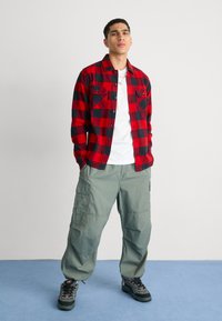 Rød og sort ternet flannel skjorte, hvid t-shirt under, grøn cargo-bukser, sort og grå sneakers. Stående positur, neutral baggrund.