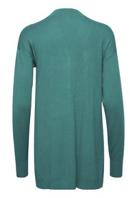 Cardigan lunghi a maniche con scollo a V di colore teal, realizzato in un morbido tessuto a maglia, con fessure laterali e polsini a costine per una vestibilità comoda.
