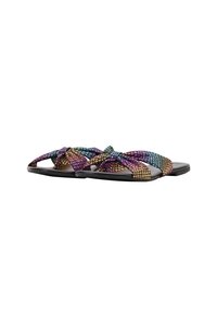 Multikleurige platte sandalen met een ingewikkeld gevlochten ontwerp, metalen accenten, een zwarte zool en een textuur voor grip.