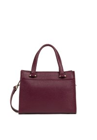 Sac à main en cuir bordeaux au design structuré, avec des poignées doubles et une bandoulière amovible. Surface texturée avec des accents dorés.