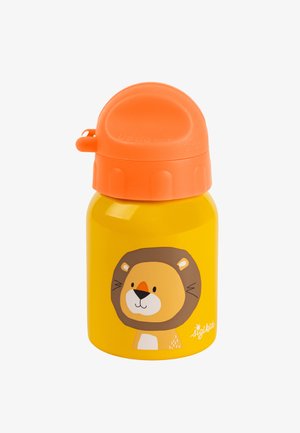 Yellow stainless steel water bottle with an orange nozzle. Features a cartoon lion design on front with grey mane and white accents.