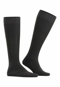 Calzini neri fino al ginocchio con texture a coste e punta rinforzata. Finitura liscia e banda elastica in cima per una vestibilità sicura.