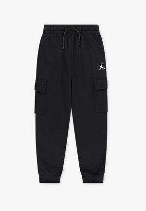 Black cargo sweatpants with elastic waistband, drawstring, ribbed cuffs, and two front pockets. Features white Jordan logo on left upper leg.