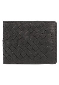 Cartera negra de cuero con textura tejida, forma rectangular y logotipo en relieve en un lado. Acabado suave sin herrajes visibles.