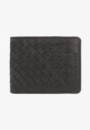 Cartera negra de cuero con textura tejida, forma rectangular y logotipo en relieve en un lado. Acabado suave sin herrajes visibles.