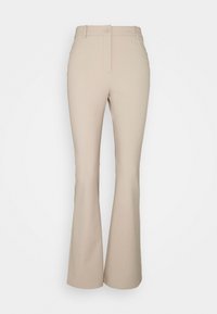 Pantalons évasésbeige en tissu extensible, avec une fermeture à bouton sur le devant, deux poches latérales et une finition lisse et texturée.