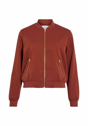 Veste bomber couleur rouille avec une fermeture éclair dorée à l'avant et deux poches latérales zippées, poignets et ceinture côtelés.