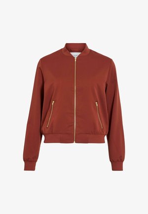 Rust-colored bomber jacket with front gold zipper and two zippered side pockets, ribbed cuffs, and waistband.