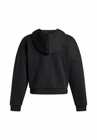 Cropped black hoodie with a soft texture, featuring a hood, wide sleeves, and a fitted waistband. Simple design without embellishments.