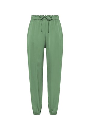 Hellgrüne, leichte Jogginghosen mit elastischem Bund, verstellbarem Bindeband und zulaufenden Bündchen. Glatte Textur ohne sichtbare Muster.