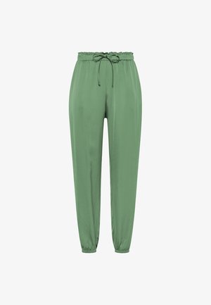 Hellgrüne, leichte Jogginghosen mit elastischem Bund, verstellbarem Bindeband und zulaufenden Bündchen. Glatte Textur ohne sichtbare Muster.