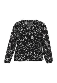 Svart blus med V-hals och långa puffärmar, med ett spritt vitt blommönster på lätt tyg.