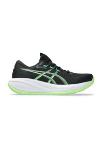 Chaussure de course noire avec une tige en mesh texturé, des accents verts et une semelle intermédiaire blanche. Présente un profil bas et une semelle amortissante.