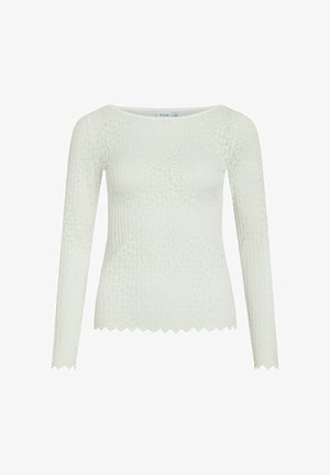 Pikkade varrukatega, off-white tooniga särk, millel on ribatekstuur ja õrn muster. Sakiliste servadega lõpp ja ümmargune kaelus toovad kujundust esile.