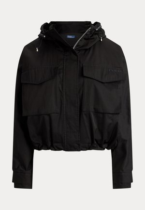 Schwarze, kurze Jacke mit Frontreißverschluss, Kordelzugkapuze, zwei Brustklappentaschen sowie elastischem Saum und Bündchen.