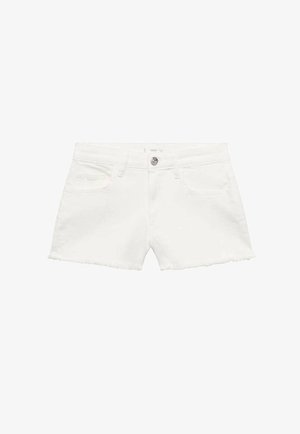 Beli denim kratke hlače s raztrganim robom, z sprednjimi žepi in kovinskim gumbom za zapiranje. Tkanina ima gladko, enotno teksturo.