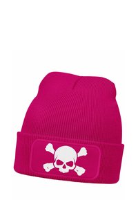 Fleece beanie hat in bright pink with ribbed texture. Front features a white skull and crossbones graphic on a rectangular patch.