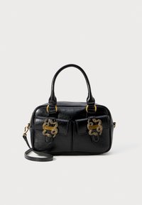 Black textured leather handbag with dual top handles, two front pockets, and gold hardware accents. Features a detachable shoulder strap.