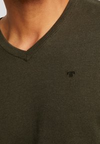 Olivgrüner Baumwoll-V-Ausschnitt-Pullover mit geripptem Kragen und kleinem Logodetail auf der Brust. Weiche Textur und taillierte Passform.