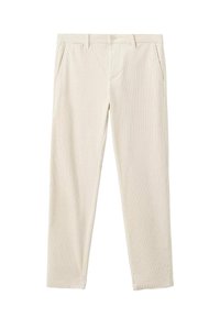 Pantalones de pana beige con corte recto, que cuentan con dos bolsillos laterales y una cintura plana con trabillas para cinturón. La textura vertical es visible.