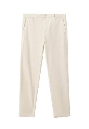 Pantaloni in corduroy beige con taglio dritto, dotati di due tasche laterali e una vita piatta con passanti per cintura. È visibile una trama verticale.