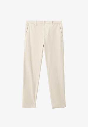 Beige corduroy broek met een rechte snit, voorzien van twee zijzakken en een platte tailleband met riemlussen. Verticale structuur is zichtbaar.