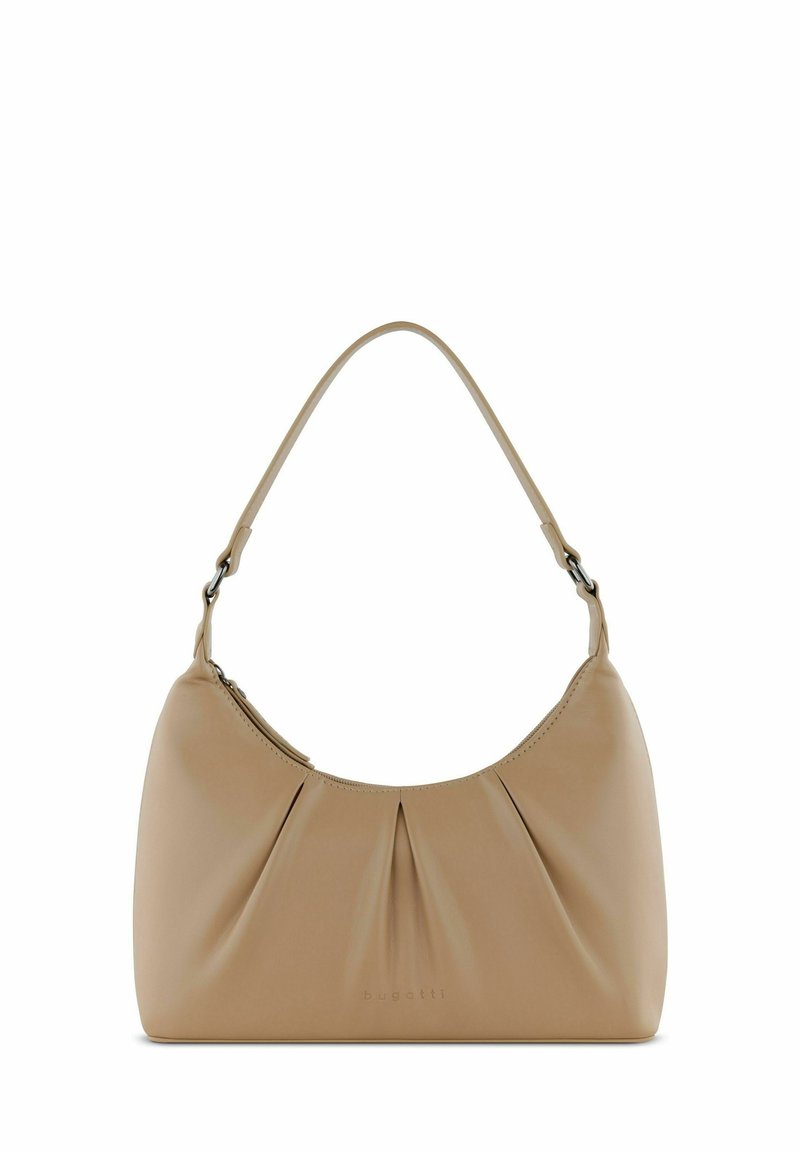 Beige leren handtas met een geplooid ontwerp, een enkele schouderriem en een gladde textuur. Minimalistische esthetiek met subtiele branding.