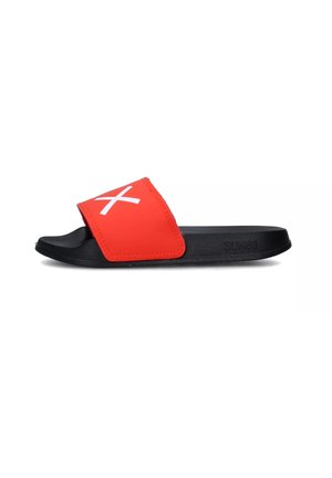 Sort slip-on sandal med rød rem og hvidt "X" symbol øverst, designet til afslappet brug.