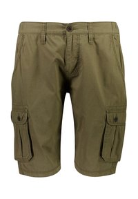 Pantaloni cargo verde oliva realizzati in robusto cotone, dotati di due tasche laterali, chiusura con bottone e dettagli cuciti.