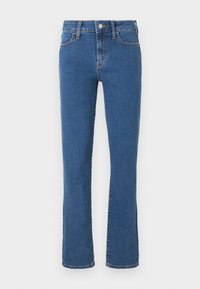 Pantalones vaqueros azul con corte recto, cierre frontal de botón y cremallera, bolsillos delanteros y traseros, y detalles de costuras en color naranja.