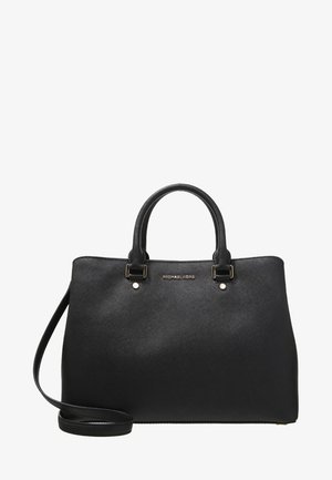 Czarna skórzana torebka Michael Kors z dwoma górnymi uchwytami i odpinanym paskiem na ramię, ozdobiona złotym logo i elementami metalowymi.