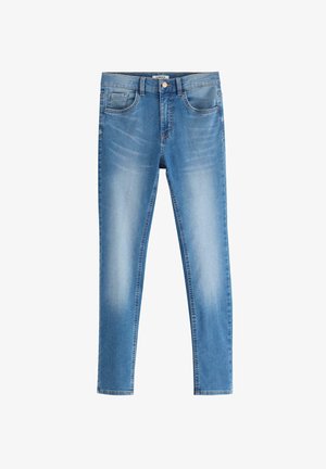 Jasnoniebieskie dżinsy w wąskim kroju, z pięcioma kieszeniami, z przodem zapinanym na guzik, w podniszczonym wykończeniu oraz subtelnymi przetarciami.