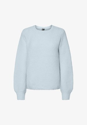 Jasnoniebieski sweter dziany z okrągłym dekoltem, długimi rękawami i ściągaczami przy mankietach. Charakteryzuje się teksturowaną strukturą materiału.