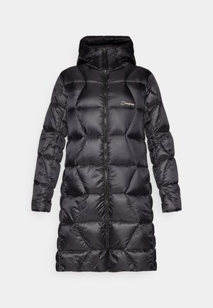 Černá péřová bunda s kapucí, s předním zipem a diamantovým prošíváním, která zobrazuje logo Berghaus na horní levé straně.