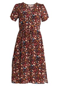 Abito a fiori con maniche corte, scollo a V e cintura in vita, di colore bordeaux, con fiori multicolori e un tessuto fluido.