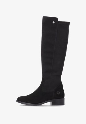 Botte haute en daim noir avec talon bloc bas, bout rond, surpiqûre latérale et petit bouton métallique près du haut. Pas de lacets ni de fermetures éclair visibles.