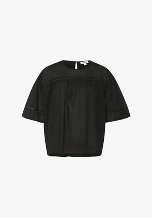 Top corto de manga corta negro, hecho de un tejido ligero y arrugado. Presenta un escote redondeado y pliegues en la parte delantera para mayor textura.