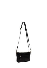 Borsa a tracolla nera in pelle con tracolla regolabile, tasca frontale con zip e scomparto principale con zip.